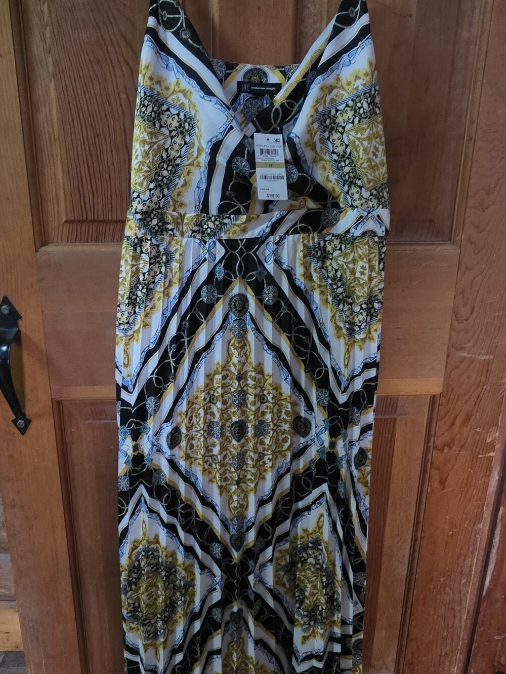 INC International Concepts Black White Gold Maxi Dress with Blue Accents